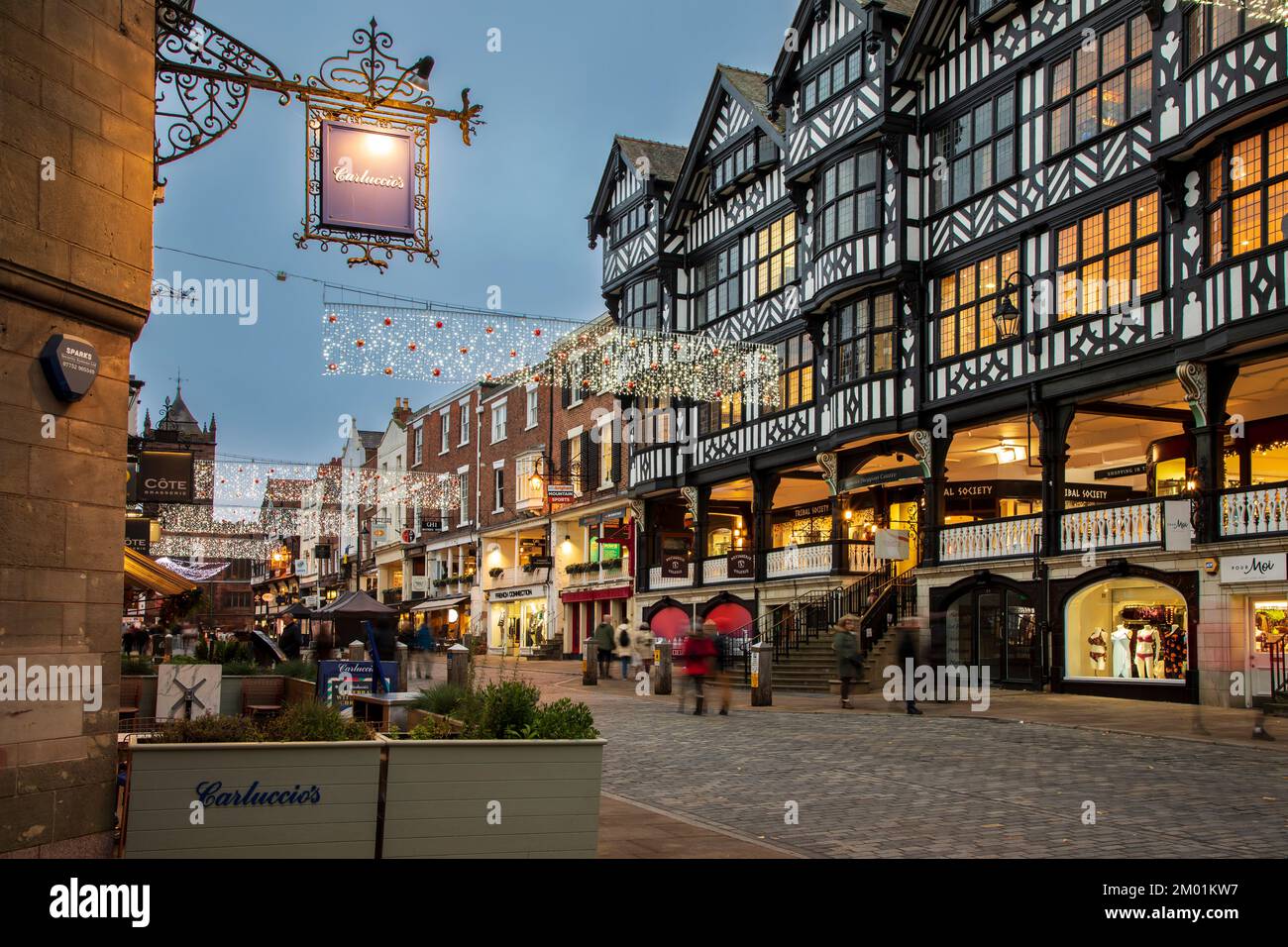 Chester, United Kingdom - November 30th, 2022: Christmas lights decorate old town of Chester Stock Photo