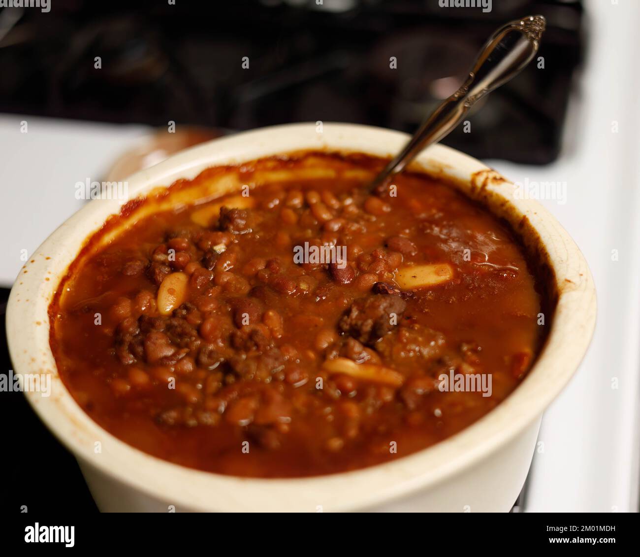 Three Bean Casserole hot from the oven and ready to serve Stock Photo