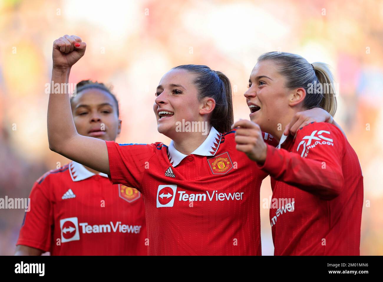 Alessia Russo #23 of Manchester United celebrates with Ella Toone #7 after scoring to make it 3-0 during The FA Women's Super League match Manchester United Women vs Aston Villa Women at Old Trafford, Manchester, United Kingdom, 3rd December 2022  (Photo by Conor Molloy/News Images) Stock Photo