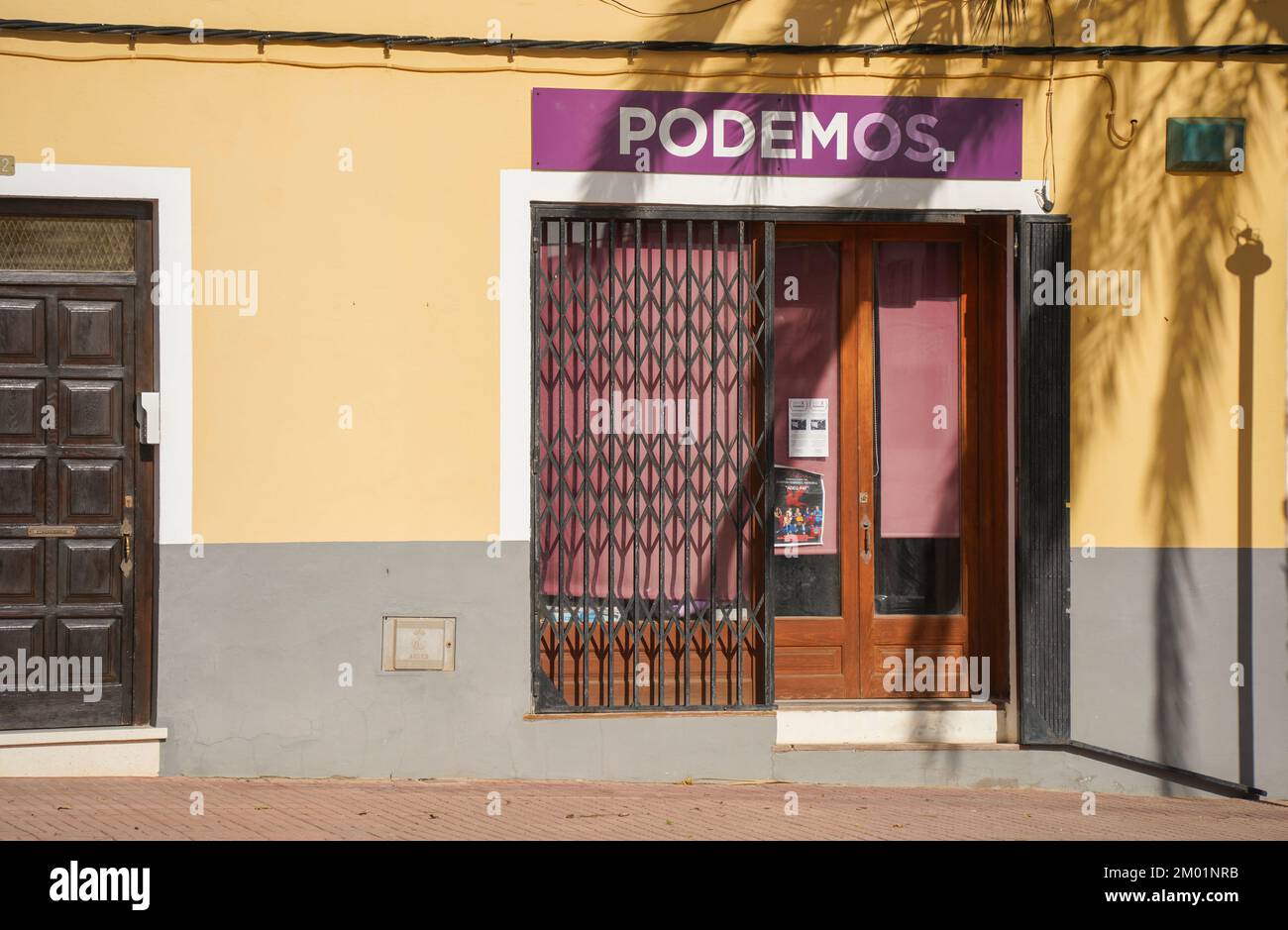 Office of Podemos is a left-wing populist political party, Ciutadella de Menorca, Balearic islands, Spain. Stock Photo