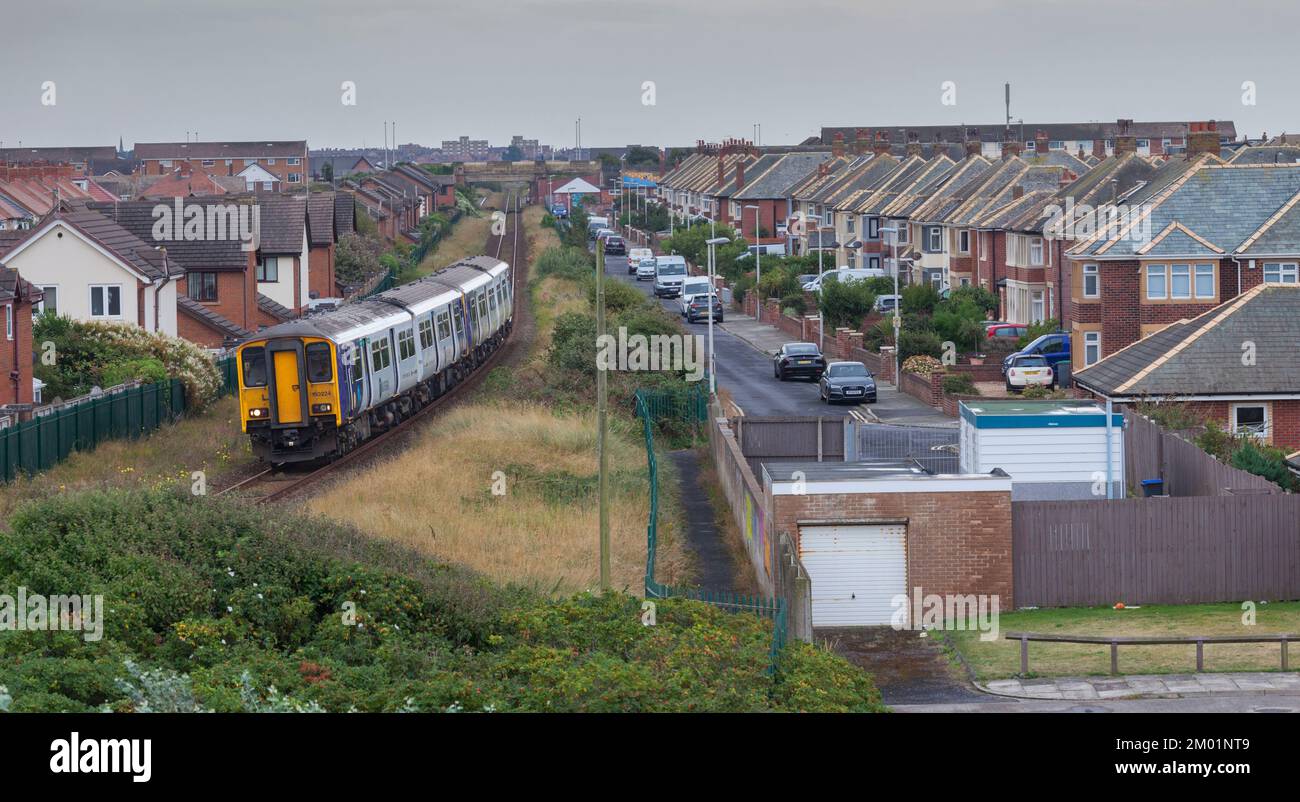 Northern Rail class 150 sprinter train on the single track south Fylde railway line to Blackpool south passing Starr Gate Stock Photo