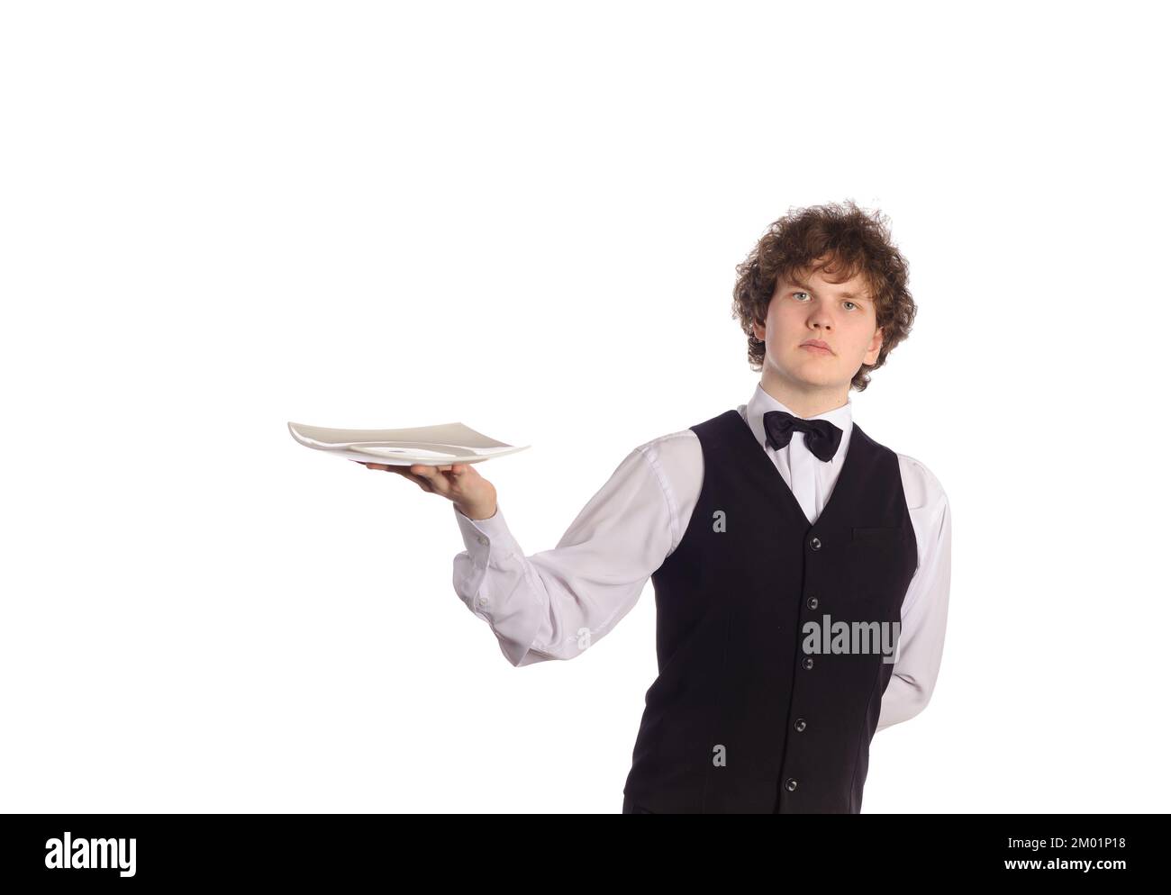 Posing waiter with empty tray Stock Photo - Alamy