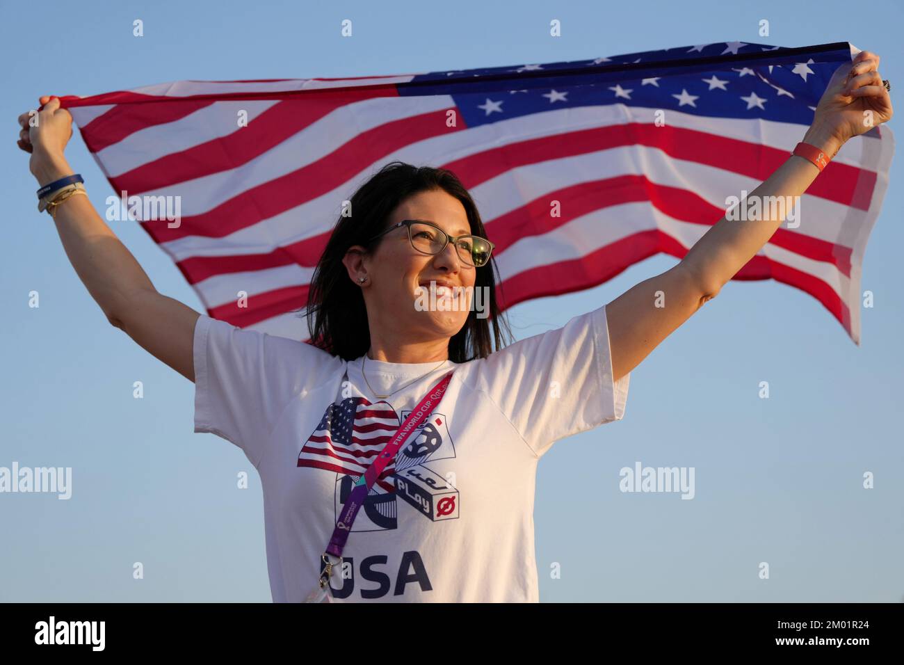 USA fan Tracey from Ohio outside the stadium before the FIFA World Cup round of 16 match at the Khalifa International Stadium in Al Rayyan, Qatar. Picture date: Saturday December 3, 2022. Stock Photo