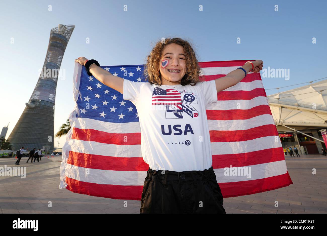 USA fan Olivia from Ohio outside the stadium before the FIFA World Cup round of 16 match at the Khalifa International Stadium in Al Rayyan, Qatar. Picture date: Saturday December 3, 2022. Stock Photo
