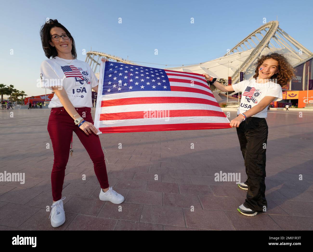 USA fans Tracey and Olivia from Ohio outside the stadium before the FIFA World Cup round of 16 match at the Khalifa International Stadium in Al Rayyan, Qatar. Picture date: Saturday December 3, 2022. Stock Photo