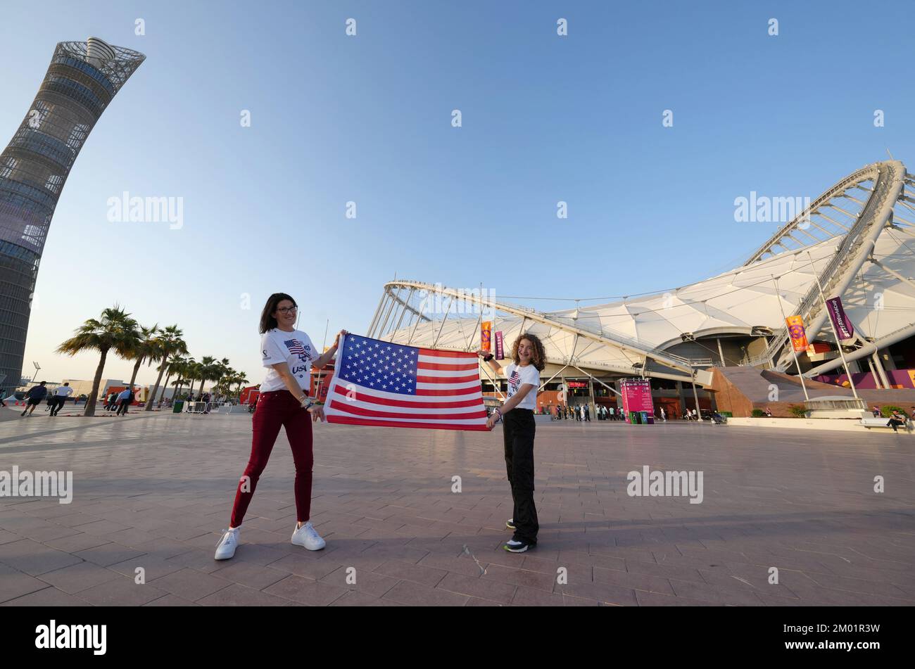 USA fans Tracey and Olivia from Ohio outside the stadium before the FIFA World Cup round of 16 match at the Khalifa International Stadium in Al Rayyan, Qatar. Picture date: Saturday December 3, 2022. Stock Photo