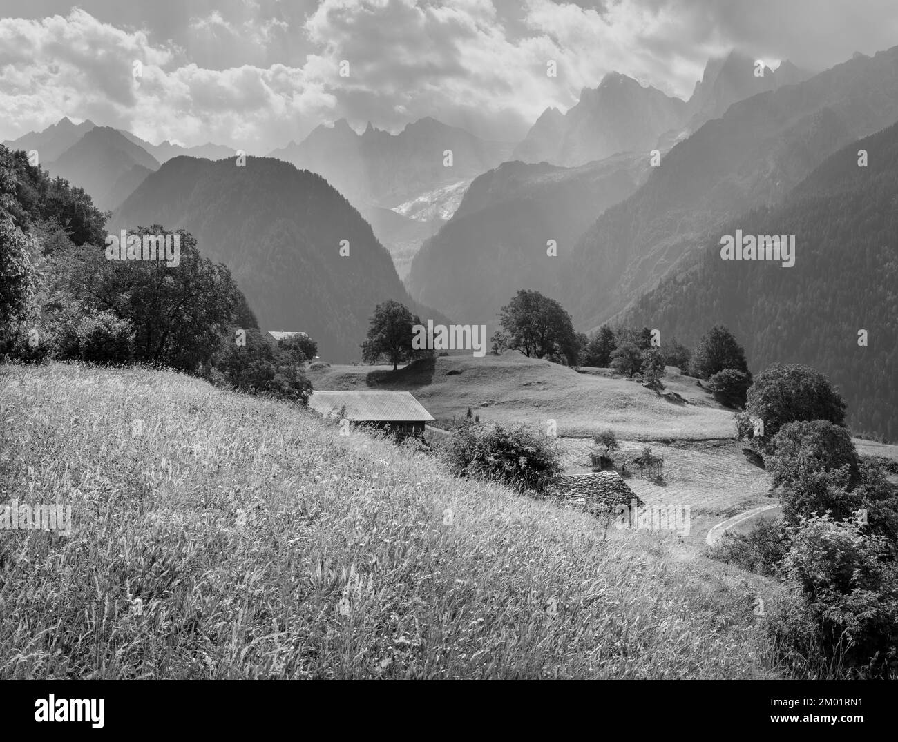 The Piz Badile, Pizzo Cengalo, and Sciora peaks in the Bregaglia range - Switzerland. Stock Photo