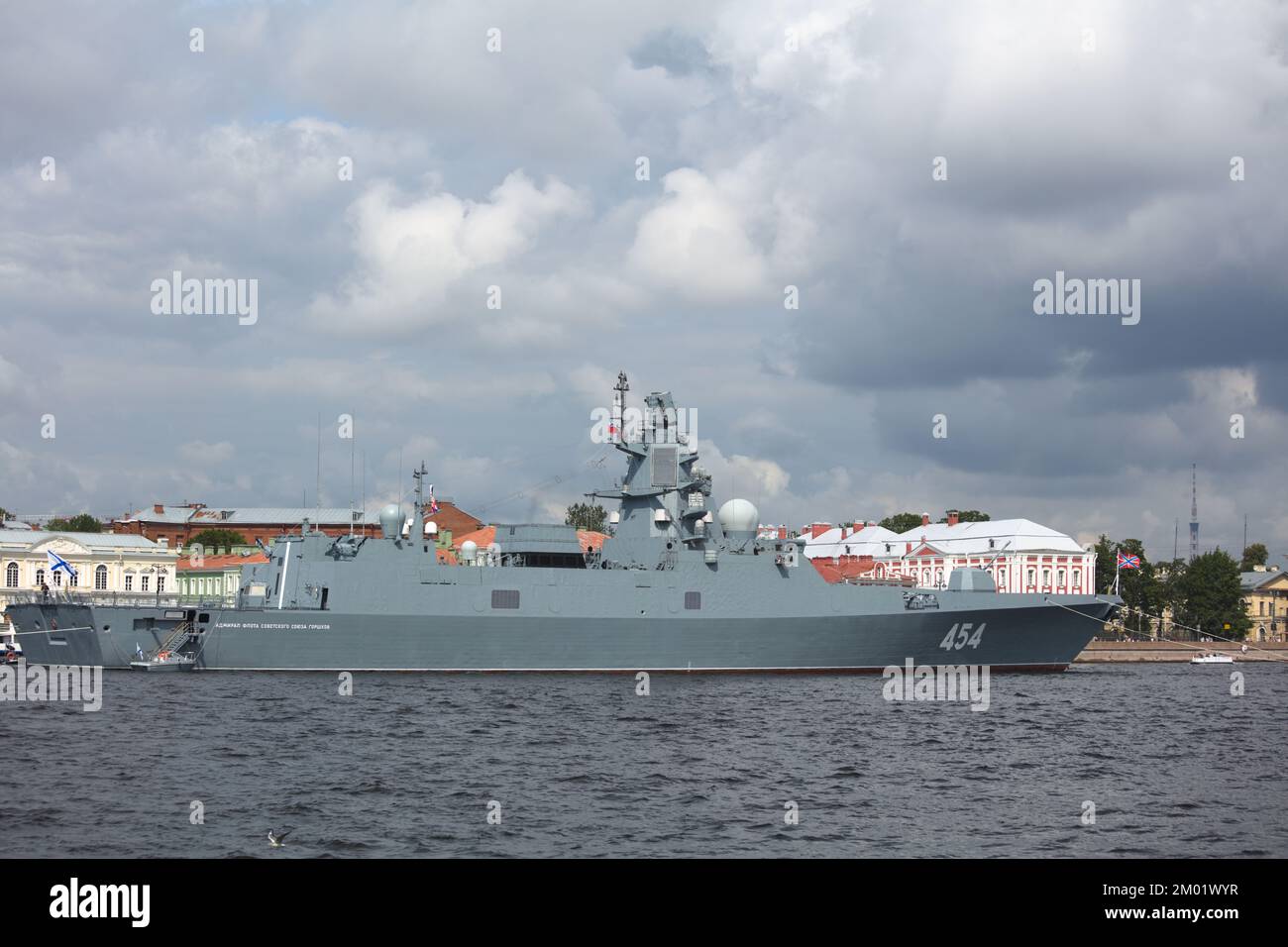 Russuan Navy Frigate Admiral Gorshkov anchored in Neva river during Russian Navy Day celebrations, St. Petersburg, Russia Stock Photo
