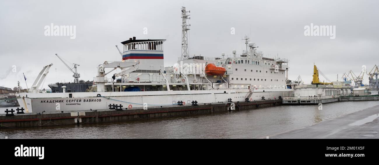 Research vessel MS Akademik Sergey Vavilov moored at Lieutenant Schmidt embankment in St. Petersburg, Russia Stock Photo
