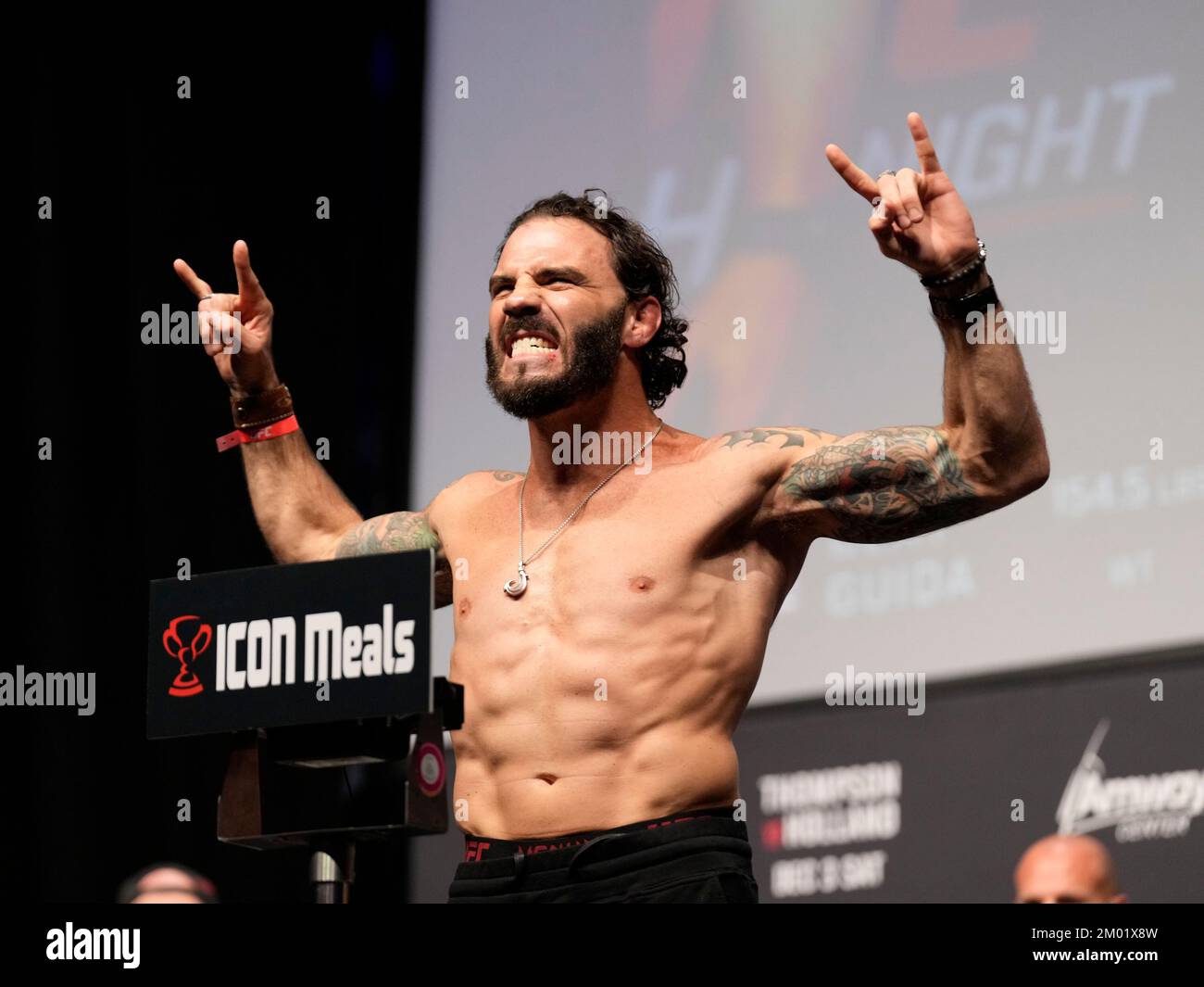 Orlando, Fl, United States. 02nd Dec, 2022. Amway Center ORLANDO, FL - December 2: Clay Guida steps on the scale for the ceremonial weigh-ins at Amway Center for UFC Orlando - Thompson vs Holland on December 2, 2022 in ORLANDO, FL, United States. (Photo by Louis Grasse/PxImages) (Louis Grasse/SPP) Credit: SPP Sport Press Photo. /Alamy Live News Stock Photo