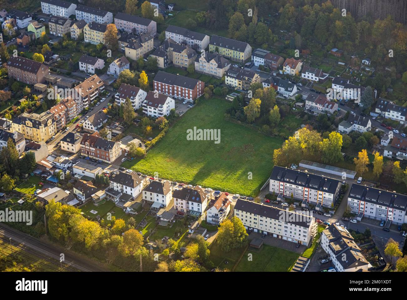 Aerial view, green area and building gap Am Karweg, Haspe, Hagen, Ruhr ...