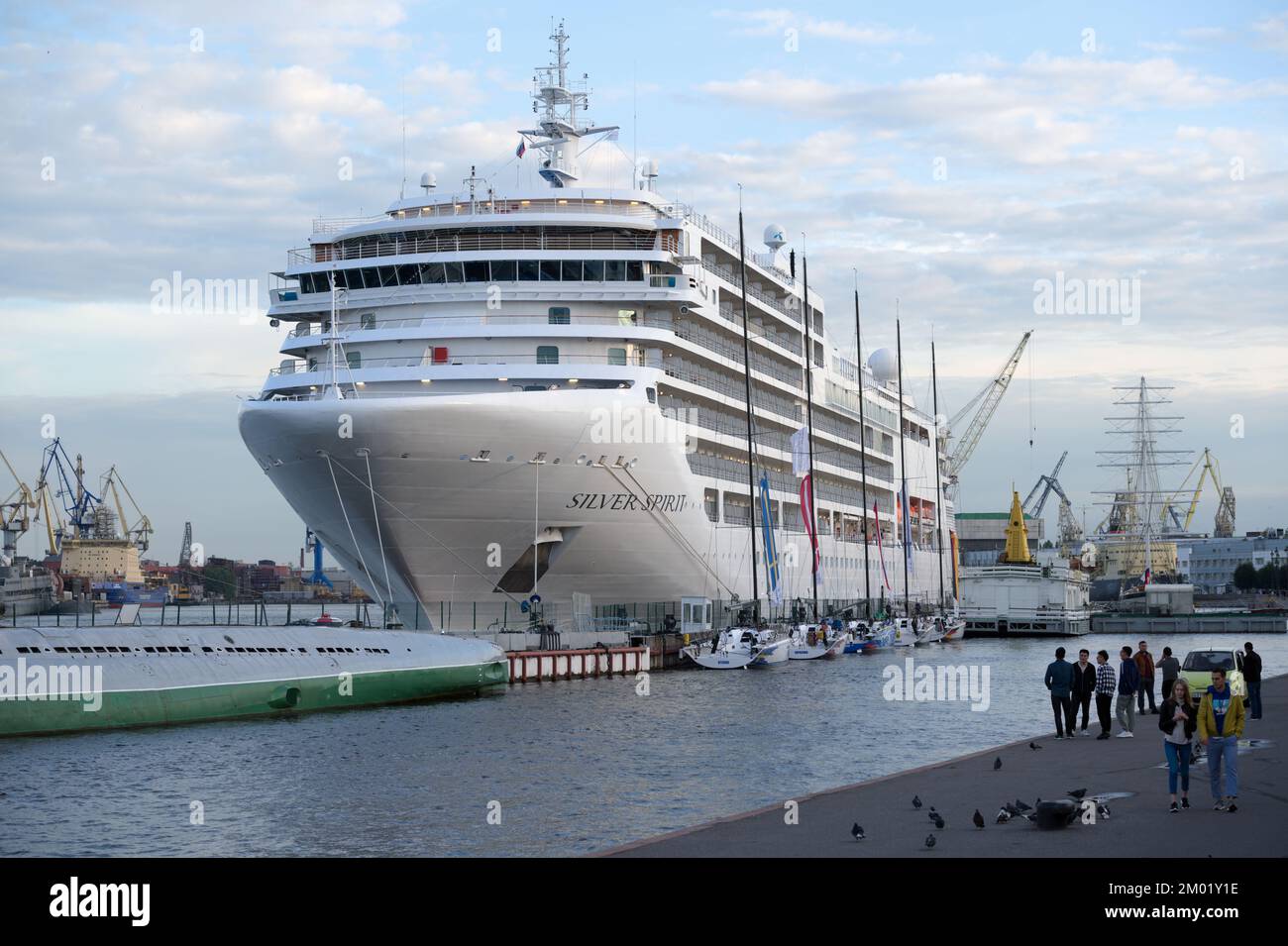 Luxury cruise ship Silver Spirit of Silversea moored at Lieutenant Schmidt embankment in St. Petersburg, Russia Stock Photo