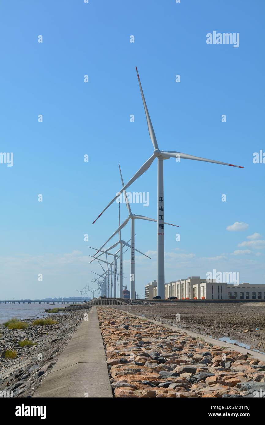 Wind turbines on the coastline in Jiaxing, China Stock Photo