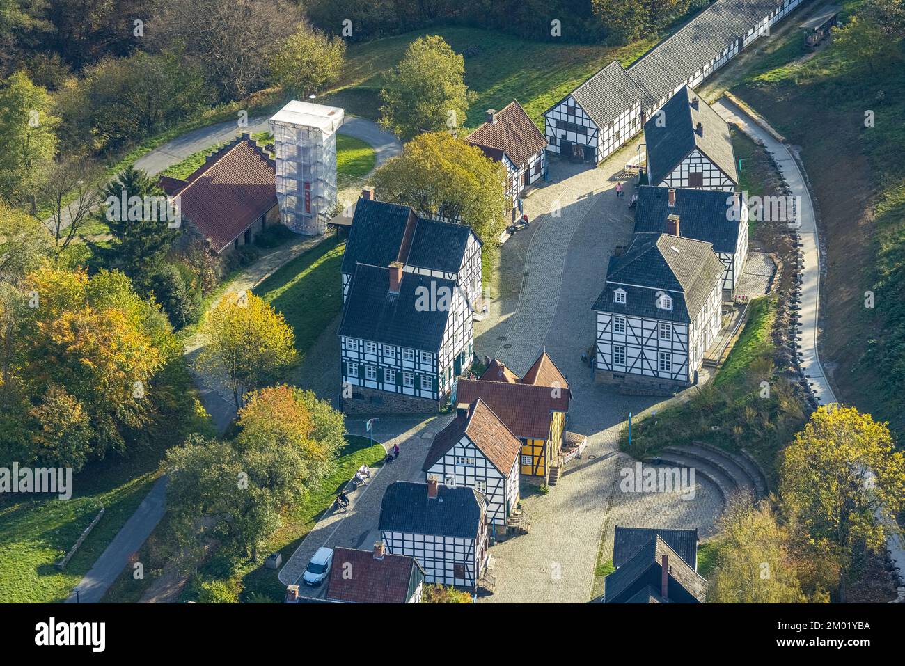 Aerial view, LWL-Freilichtmuseum Hagen, village, Eilpe, Hagen, Ruhr area, North Rhine-Westphalia, Germany, DE, Village, Europe, Half-timbered houses, Stock Photo