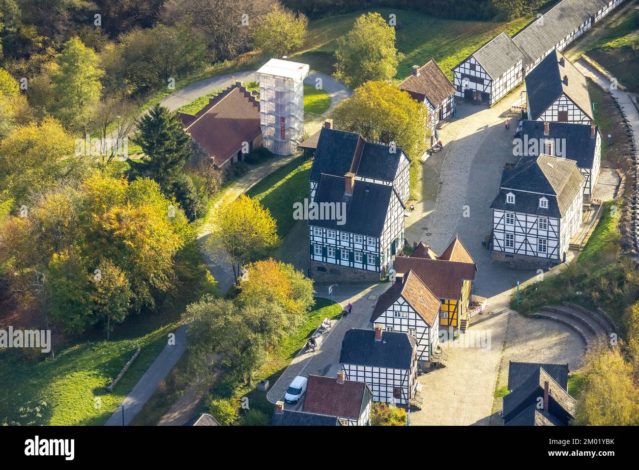 Aerial view, LWL-Freilichtmuseum Hagen, village, Eilpe, Hagen, Ruhr area, North Rhine-Westphalia, Germany, DE, Village, Europe, Half-timbered houses, Stock Photo