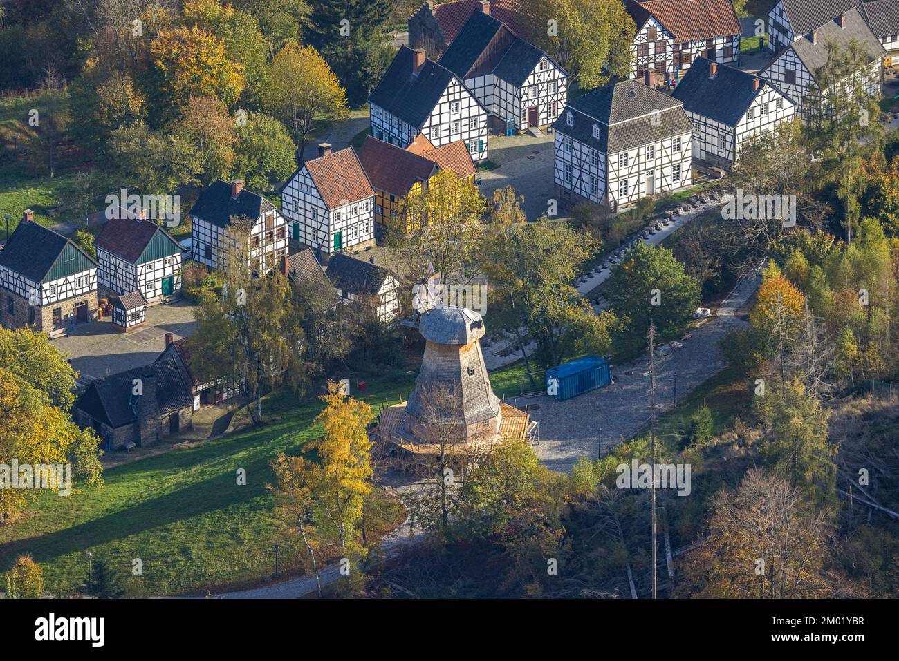 Aerial view, LWL-Freilichtmuseum Hagen, new windmill, Eilpe, Hagen, Ruhr area, North Rhine-Westphalia, Germany, DE, Village, Europe, Half-timbered hou Stock Photo