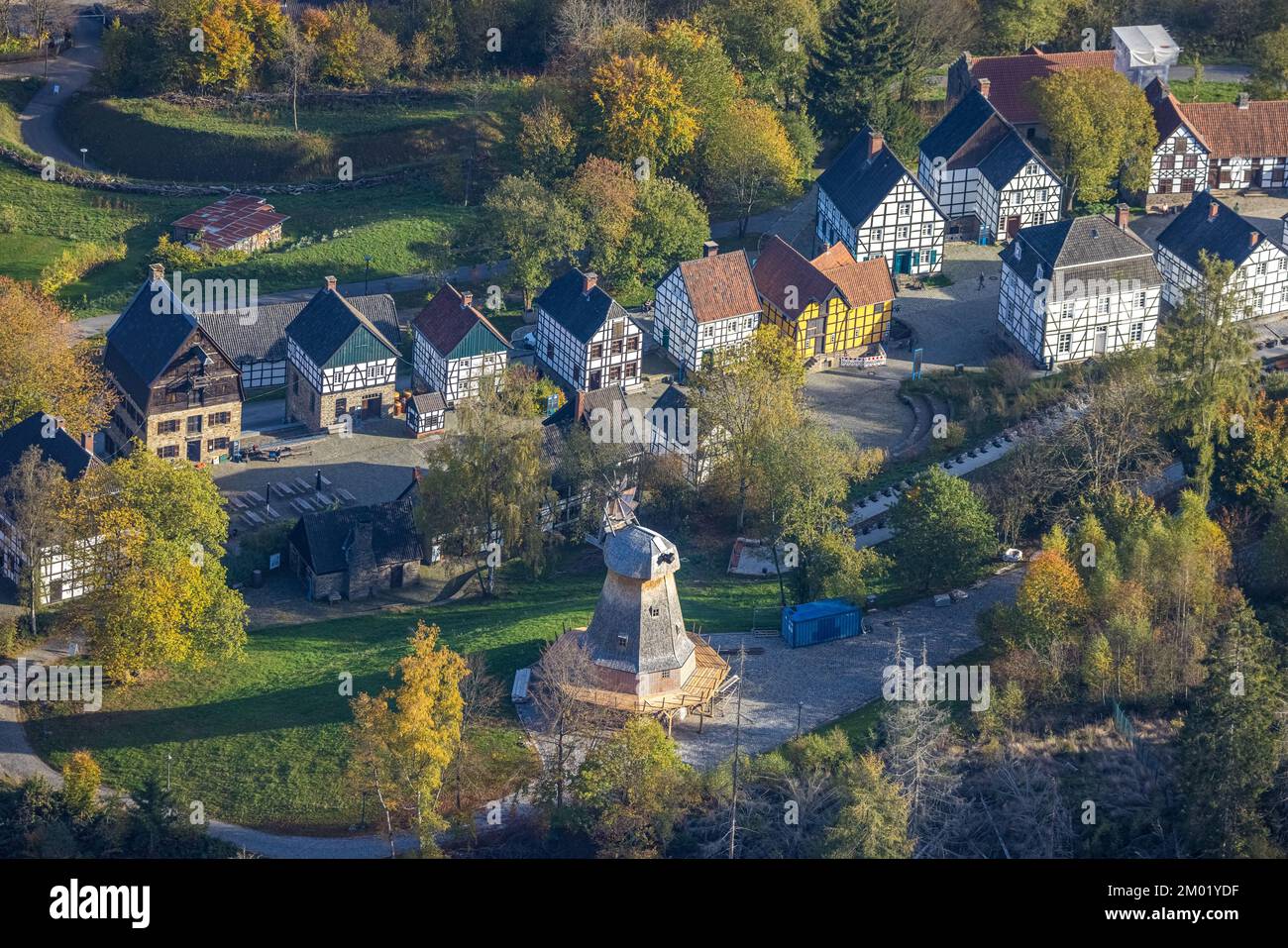 Aerial view, LWL-Freilichtmuseum Hagen, village, new windmill, Eilpe, Hagen, Ruhr area, North Rhine-Westphalia, Germany, DE, Village, Europe, Half-tim Stock Photo
