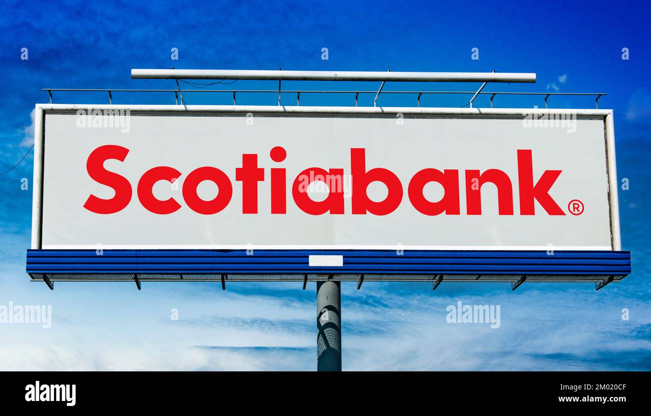 POZNAN, POL - JUL 20, 2022: Advertisement billboard displaying logo of Scotiabank, a Canadian multinational banking and financial services company hea Stock Photo