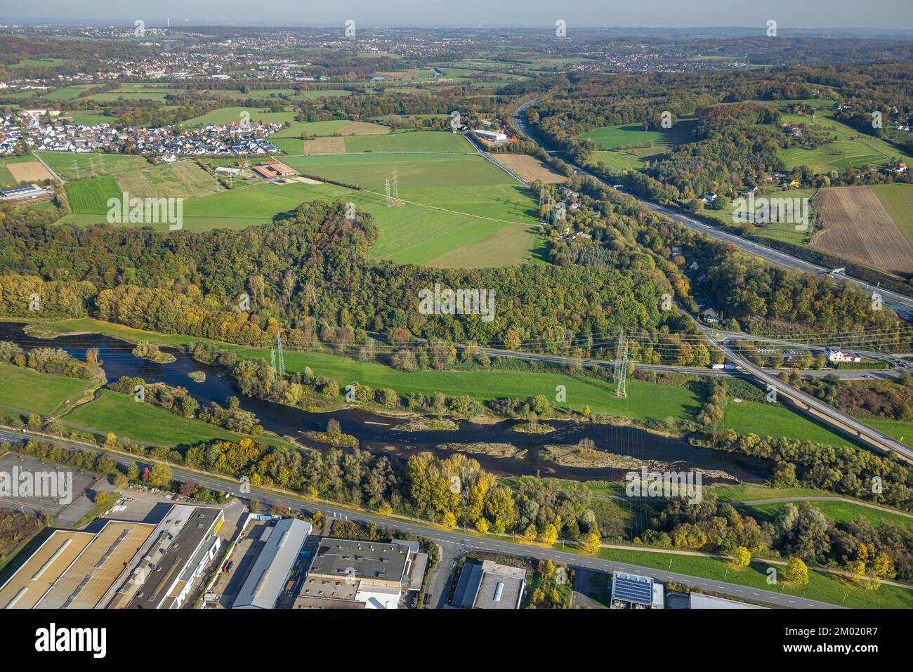 Aerial view, river Lenne renaturation, Lenne floodplain, autumn colors ...