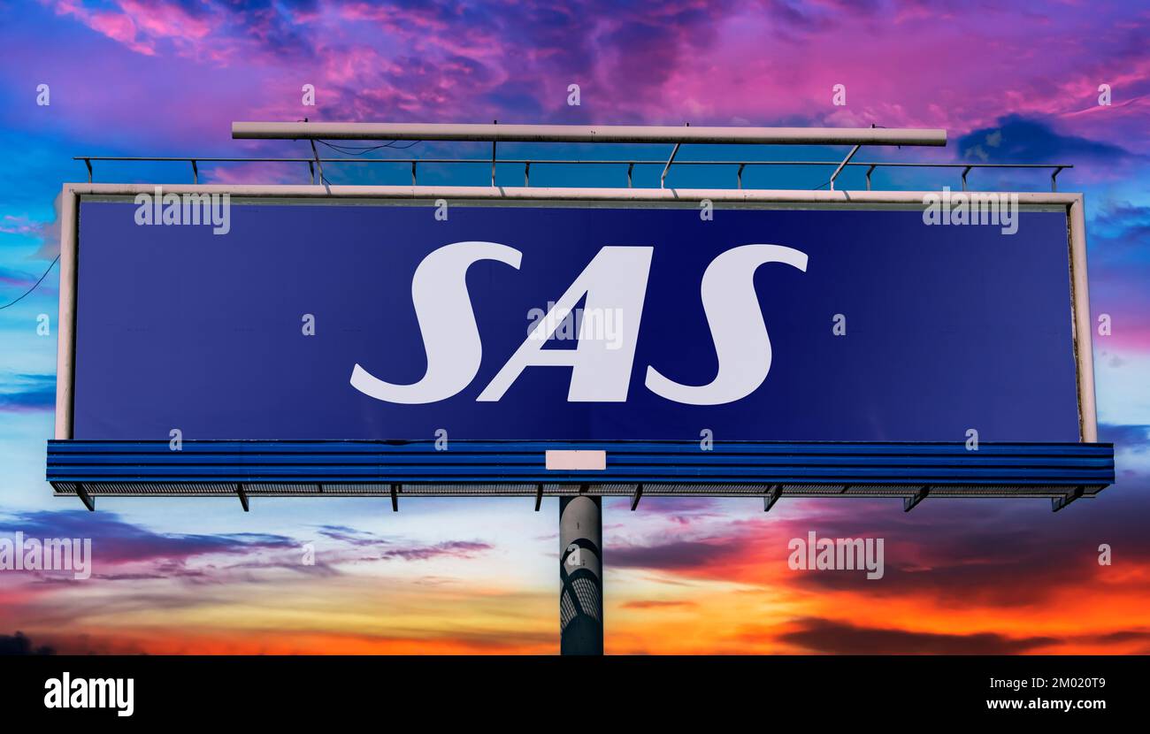 POZNAN, POL - JUN 23, 2022: Advertisement billboard displaying logo of Scandinavian Airlines, the flag carrier of Denmark, Norway, and Sweden Stock Photo