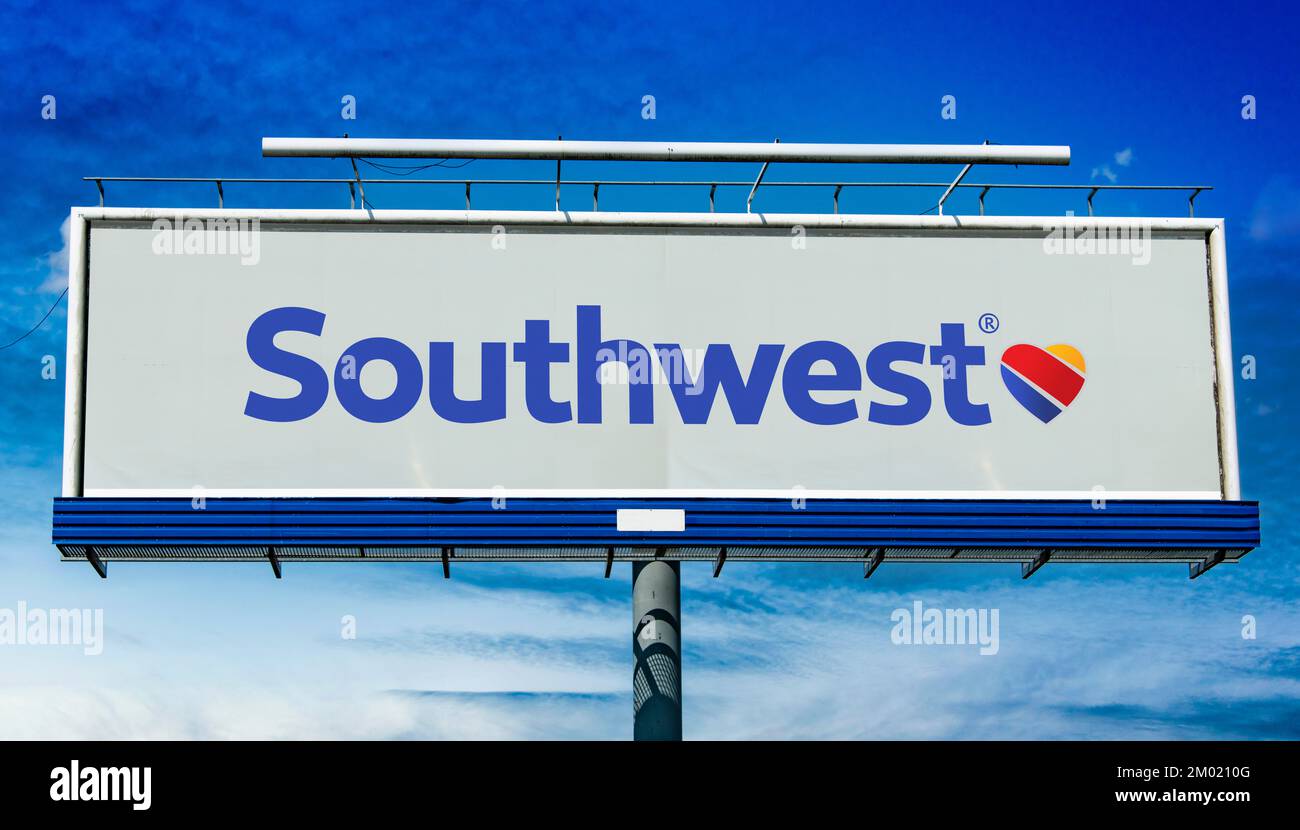 POZNAN, POL - JUN 23, 2022: Advertisement billboard displaying logo of Southwest Airlines, one of the major airlines of the US and the world's largest Stock Photo