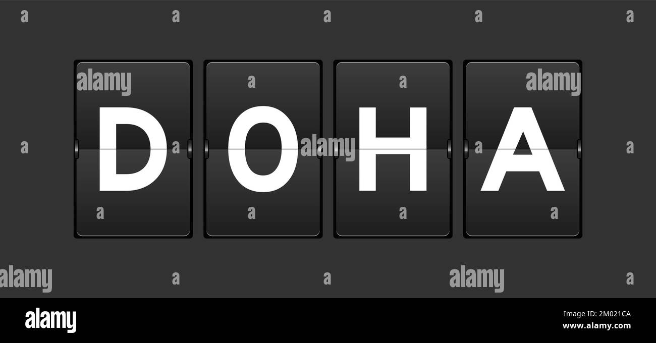 Black color analog flip board with word doha on gray background Stock ...