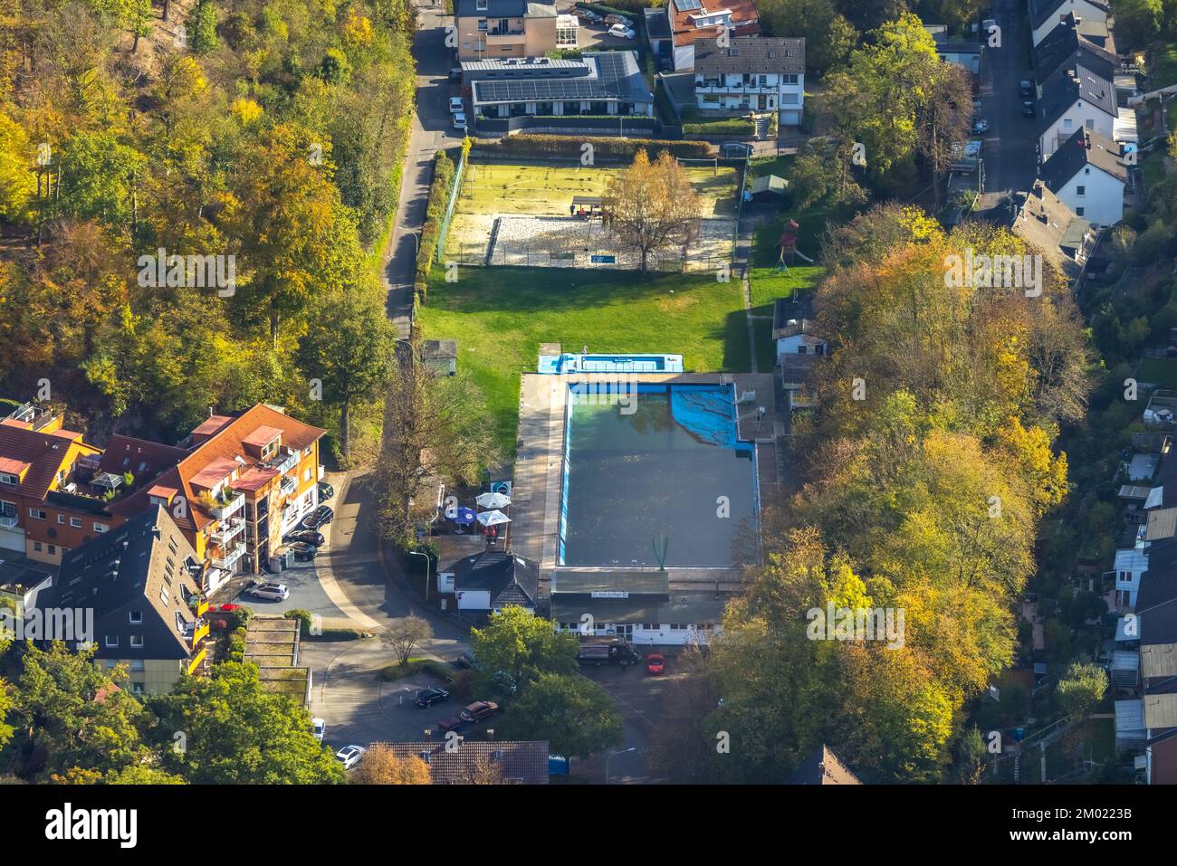 Aerial view, outdoor pool Henkhausen, Hohenlimburg, Hagen, Ruhr area