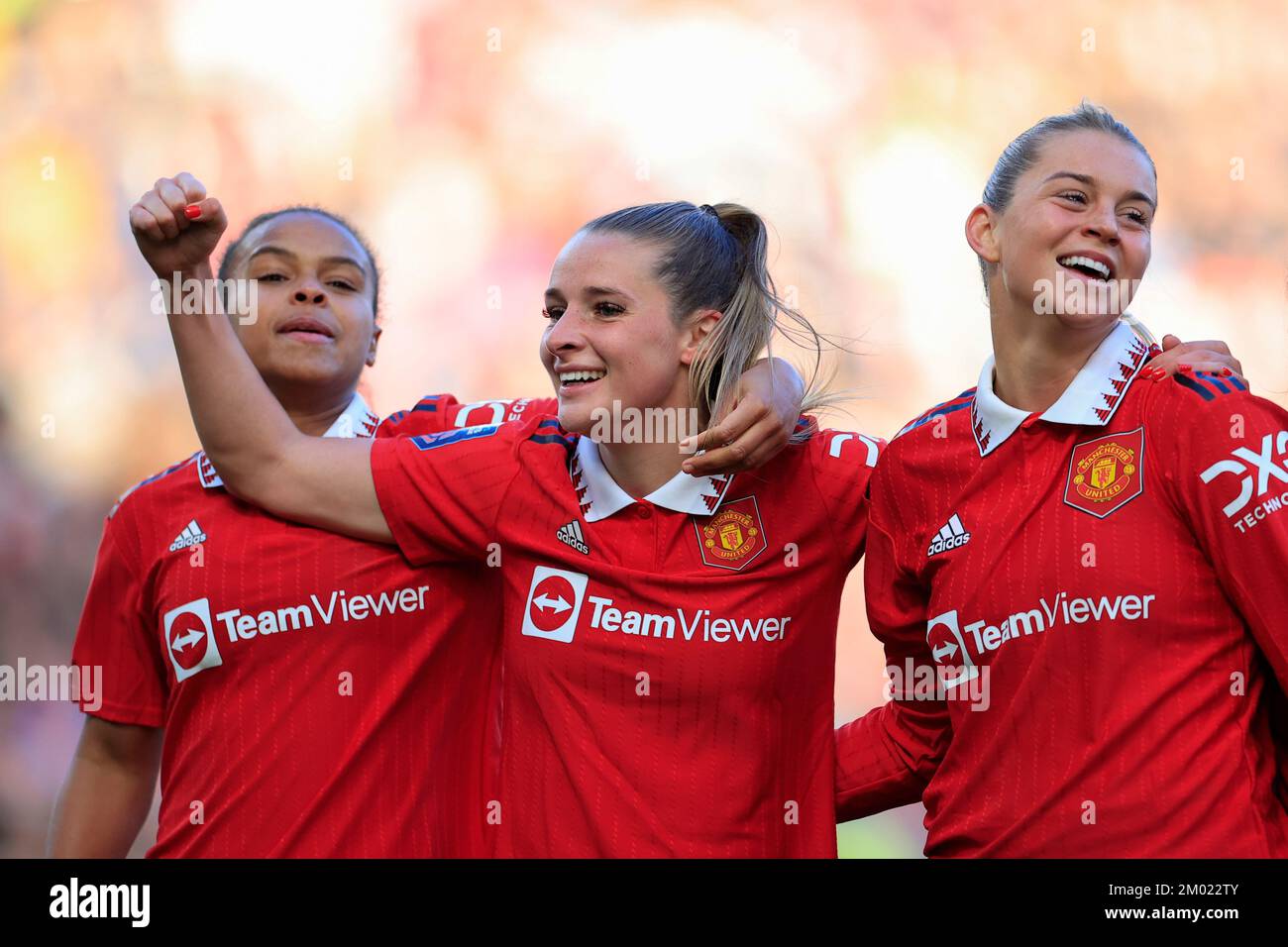 Ella Toone #7 of Manchester United celebrates the third goal scored by Alessia Russo #23 of Manchester United during The FA Women's Super League match Manchester United Women vs Aston Villa Women at Old Trafford, Manchester, United Kingdom, 3rd December 2022  (Photo by Conor Molloy/News Images) Stock Photo