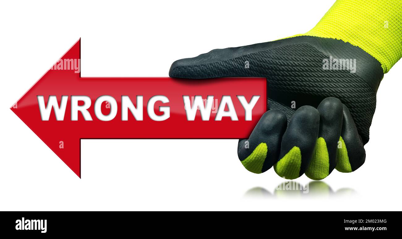 Hand with protective work glove, holding a Wrong Way Road Sign, English