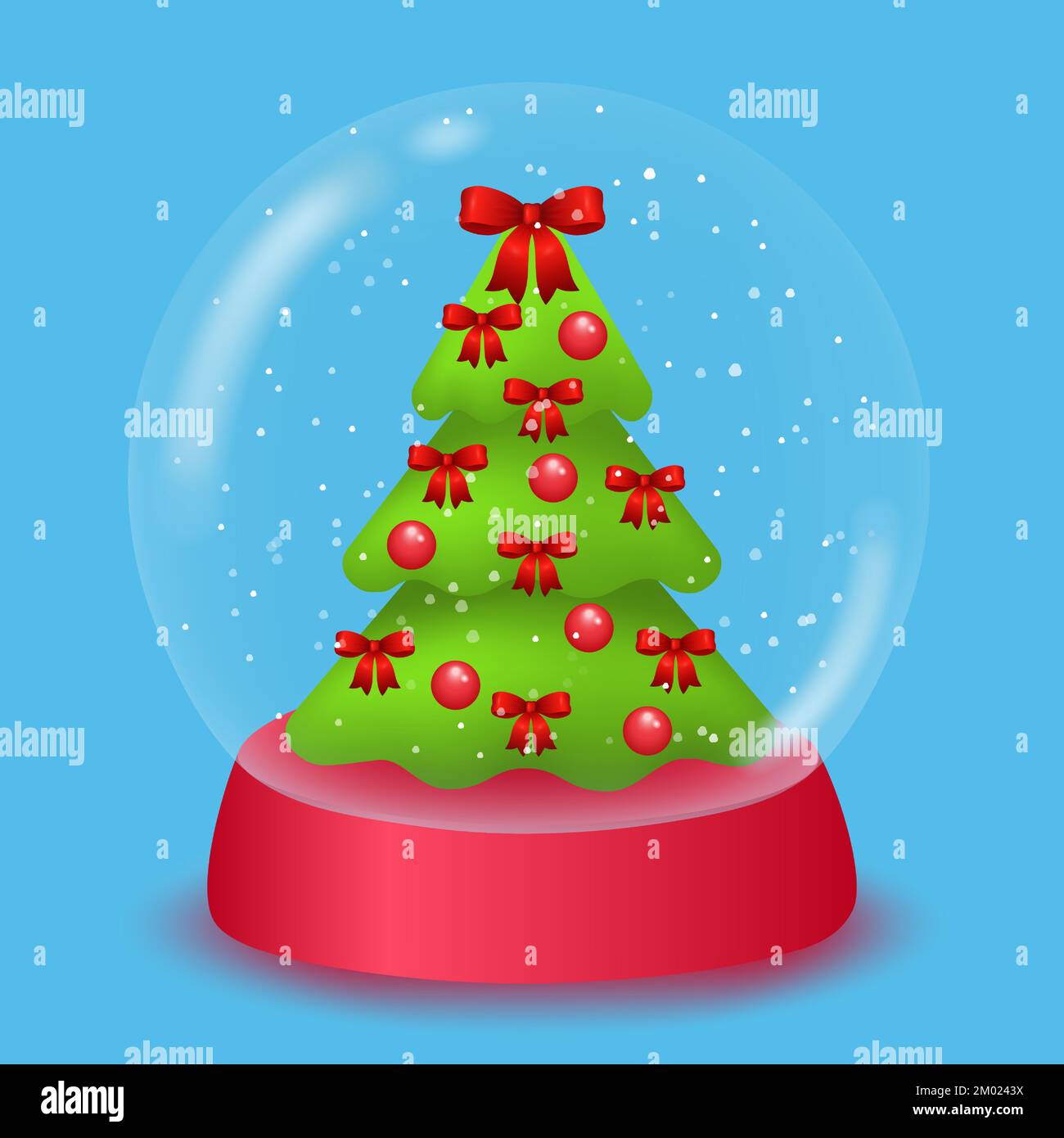 Realistic snow globe with a decorated Christmas tree inside. Festive