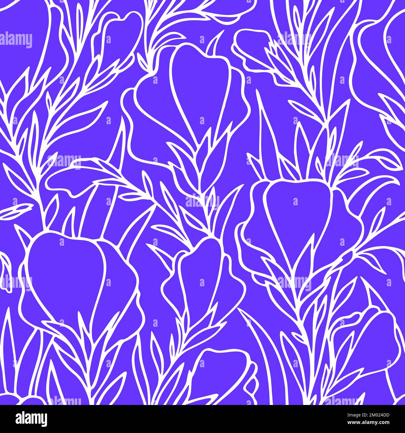 graphic pattern of large contours of white flowers on a blue background ...