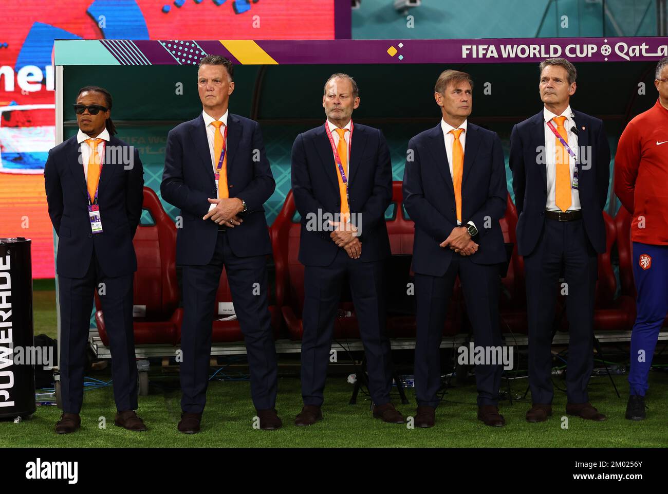 Doha, Qatar, 3rd December 2022.  Edgar Davids (l) and  Louis van Gaal coach of Netherlands (2l) during the FIFA World Cup 2022 match at Khalifa International Stadium, Doha. Picture credit should read: David Klein / Sportimage Stock Photo