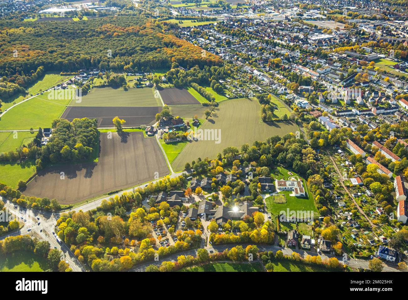 Aerial view, Ahsestrolche sports daycare center, meadows and fields with location overview, Ahsepark Business Innovation Center, Rhnyern, Hamm, Ruhr a Stock Photo