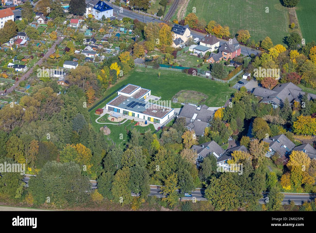 Aerial view, Ahsestrolche sports daycare center, Rhynern, Hamm, Ruhr area, North Rhine-Westphalia, Germany, Ahse-Park, DE, Europe, Kindergarten, Child Stock Photo