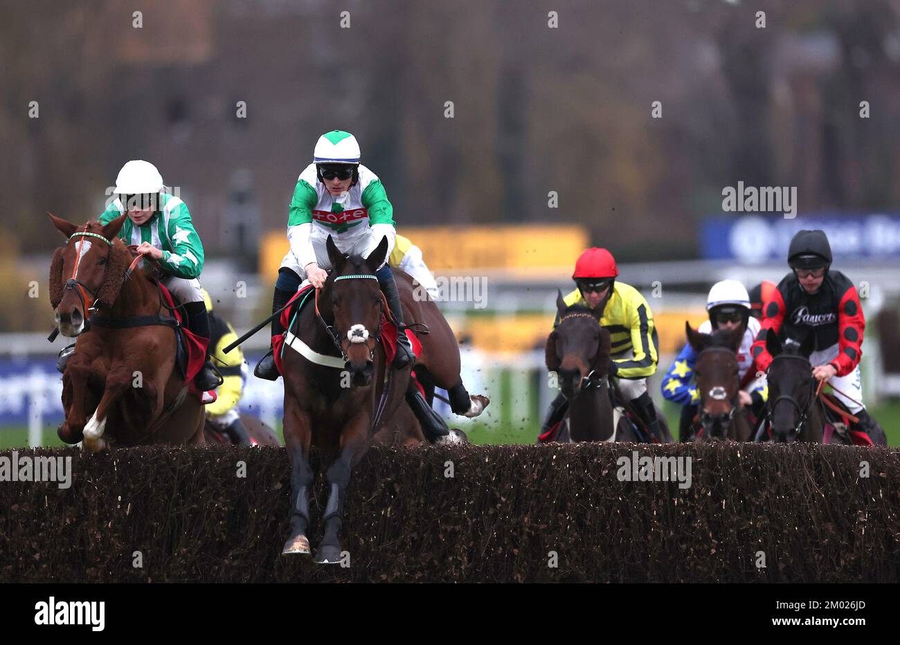 Runners and riders during the Winners Wear Cavani Menswear London National Handicap Chase during day two of The Betfair Tingle Creek Festival at Sandown Park Racecourse, Esher. Picture date: Saturday December 3, 2022. Stock Photo