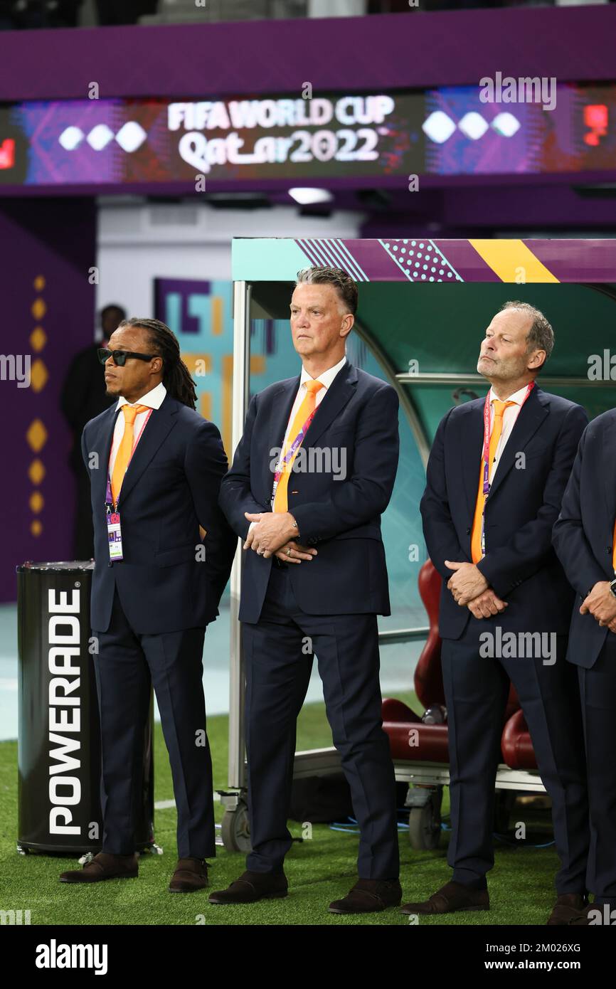 Doha, Qatar. 3rd Dec, 2022. Netherlands head coach Louis van Gaal (C) and assistant coach Edgar Davids (L) and Danny Blind are seen before the Round of 16 match between the Netherlands and the United States at the 2022 FIFA World Cup at Khalifa International Stadium in Doha, Qatar, Dec. 3, 2022. Credit: Lan Hongguang/Xinhua/Alamy Live News Stock Photo