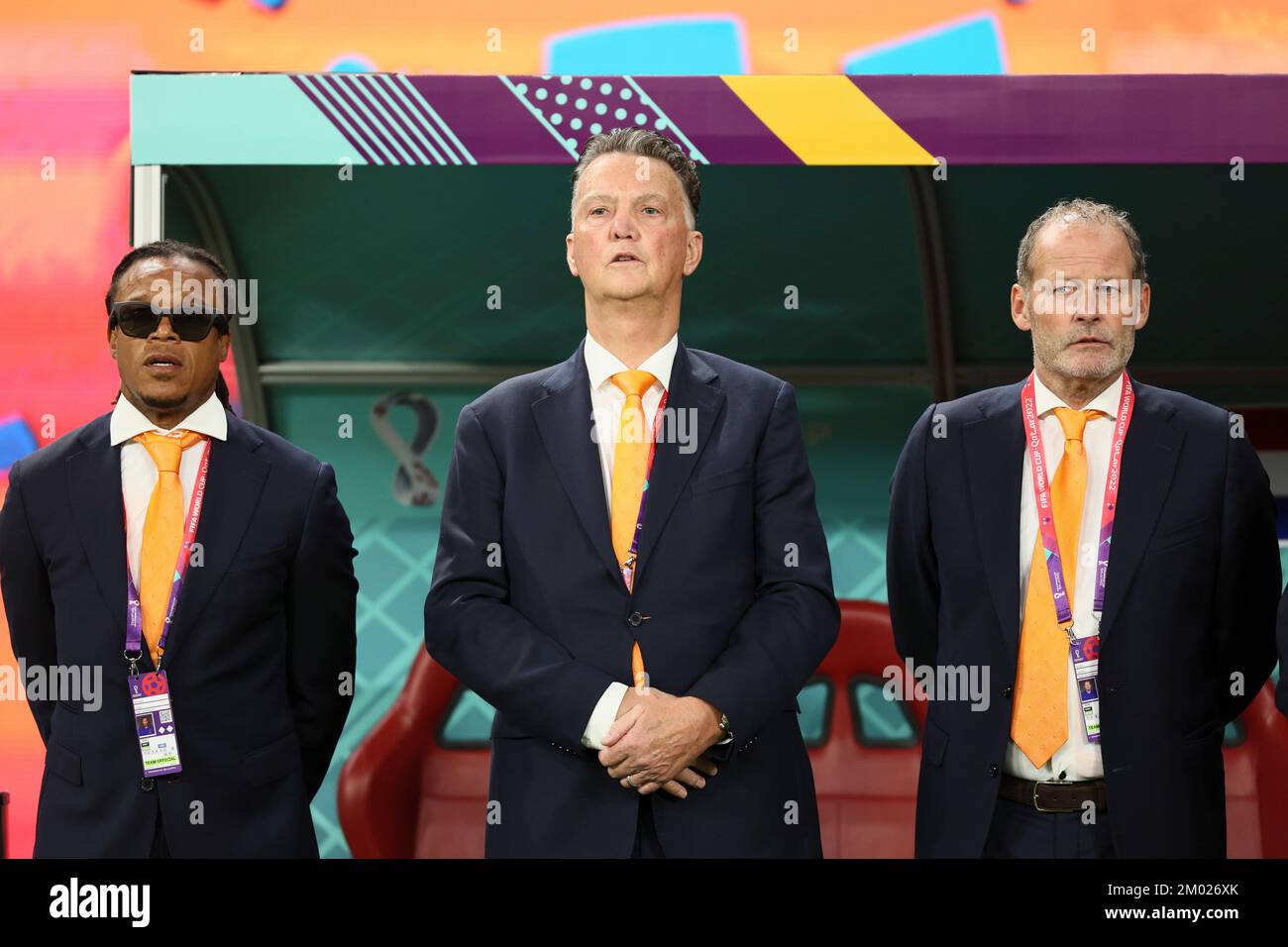 Doha, Qatar. 3rd Dec, 2022. Netherlands head coach Louis van Gaal (C) and assistant coach Edgar Davids (L) and Danny Blind are seen before the Round of 16 match between the Netherlands and the United States at the 2022 FIFA World Cup at Khalifa International Stadium in Doha, Qatar, Dec. 3, 2022. Credit: Lan Hongguang/Xinhua/Alamy Live News Stock Photo