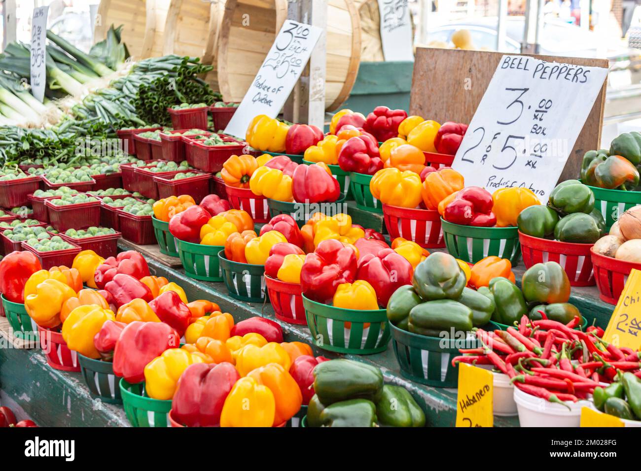 Different varieties of peppers at a farmer's market, Freshness and