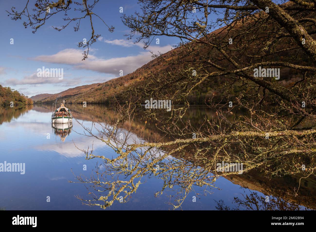 Boat on Loch Oich in the Great Glen in the highlands of Scotland Stock Photo