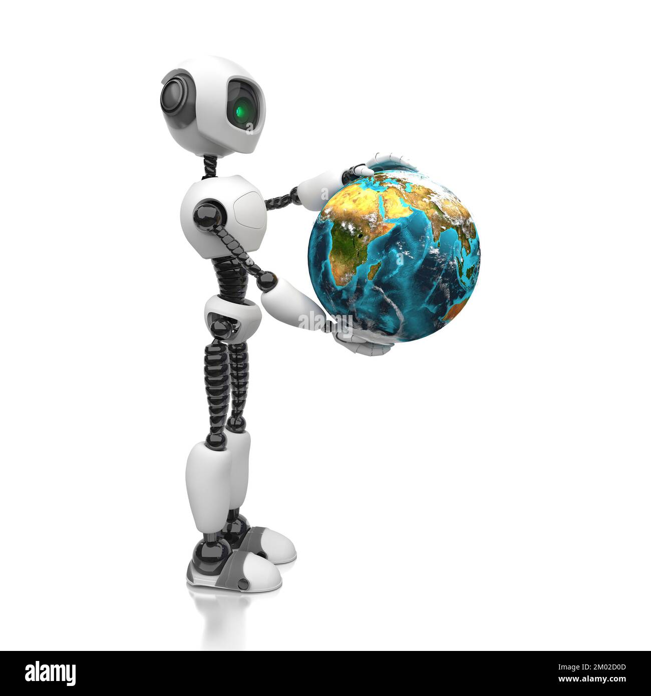 A humanoid robot holds the planet Earth in its hands. Illustration on a white background. Future concept with smart robotics and artificial intelligen Stock Photo