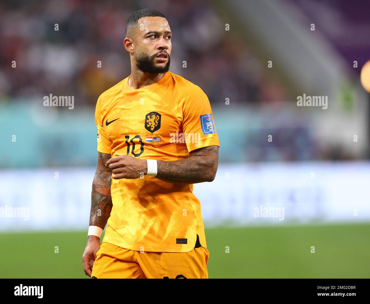 Memphis Depay da Holanda, comemora o seu gol durante a partida entre  Holanda e Estados Unidos, pelas oitavas de final da Copa do Mundo FIFA Qatar  2022, Estádio Internacional Khalifa neste sábado