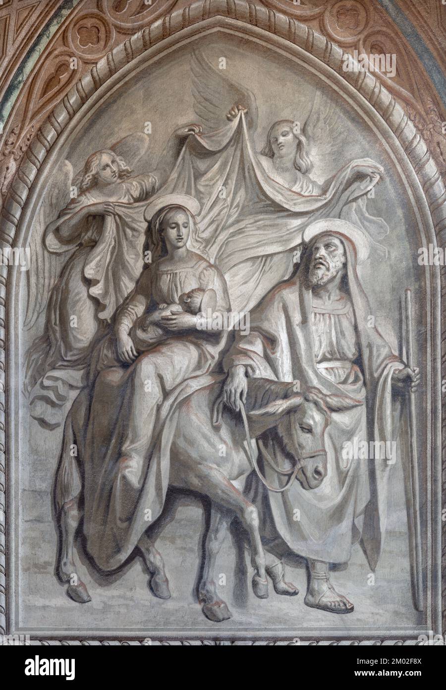 BIELLA, ITALY - JULY 15, 2022: The fresco of Flight to Egypt in Cathedral (Duomo) by Giovannino Galliari (1784). Stock Photo