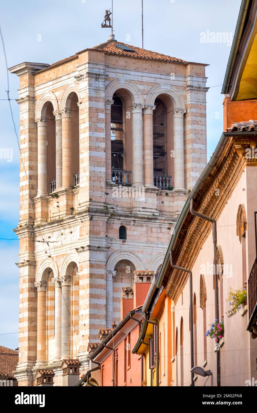Bell tower of the Cathedral seen from Via Giuseppe Mazzini, Ferrara Italy Stock Photo
