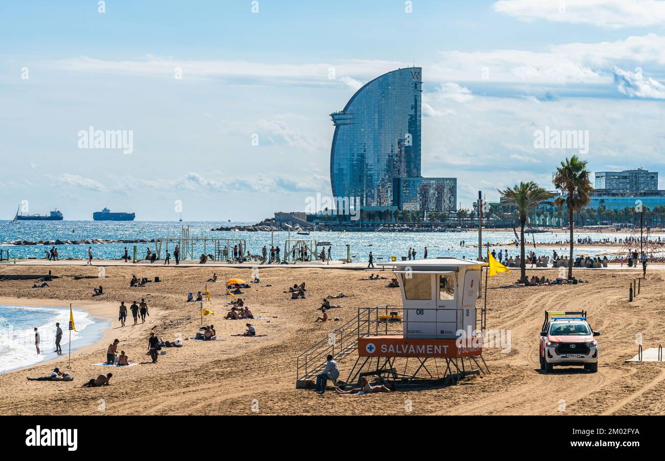 Lifeguard Booth on Urban Beach in Barcelona, Catalonia, Spain, Europe Stock Photo