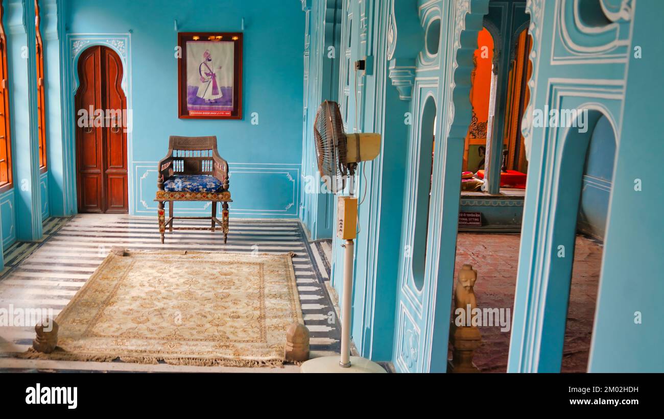 Beautiful light blue colored rooms inside Udaipur's city palace. Rajasthan, India. Colorful decorated Interior view of City Palace. Inside of palace l Stock Photo