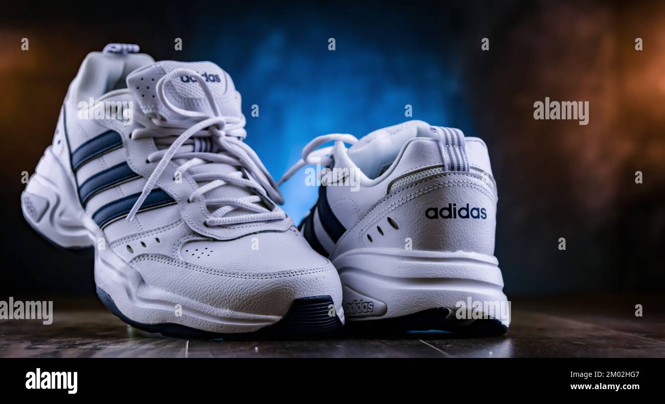 POZNAN, POL OCT 13, 2022 A pair of Adidas sport shoes, the brand of
