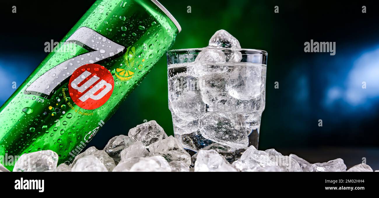 POZNAN, POL - NOV 24, 2022: Can of 7up, a lemon-lime-flavored non-caffeinated soft drink owned by Keurig Dr Pepper Stock Photo