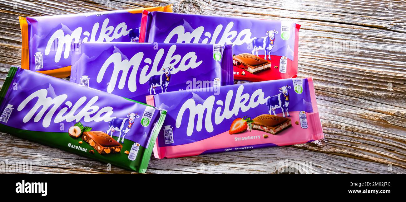 POZNAN, POL - AUG 17, 2022: Milka chocolates, a brand of chocolate confection which originated in Switzerland in 1825 and since 1990 has been manufact Stock Photo