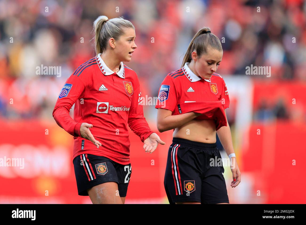 Alessia Russo #23 and Ella Toone #7 of Manchester United have a half time discussion during The FA Women's Super League match Manchester United Women vs Aston Villa Women at Old Trafford, Manchester, United Kingdom, 3rd December 2022  (Photo by Conor Molloy/News Images) Stock Photo