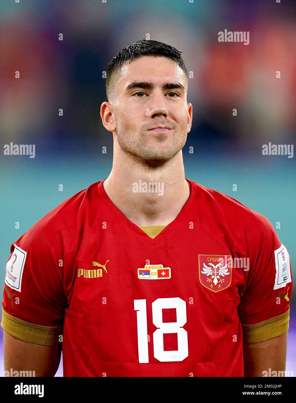 Serbia's Dusan Vlahovic lines up on the pitch ahead of the FIFA World Cup Group G match at Stadium 974 in Doha, Qatar. Picture date: Friday December 2, 2022. Stock Photo